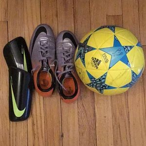 Soccer boots (cleats) ball and shin guards